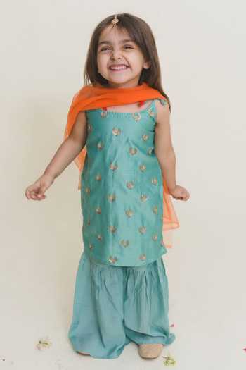 MR Brat Embroidered Aqua Blue Kurta & Sharara Set 