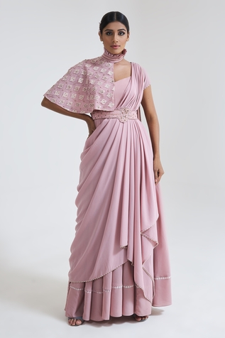 Merge Design Saree Gown With One Sided Cape Collar