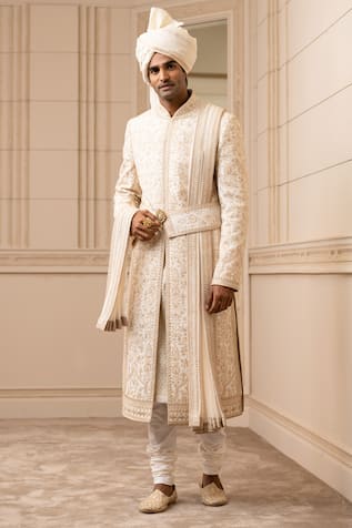 Raw Silk Embroidered Sherwani Set 