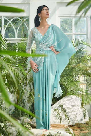 Kamaali Pret Embellished Draped Saree Gown