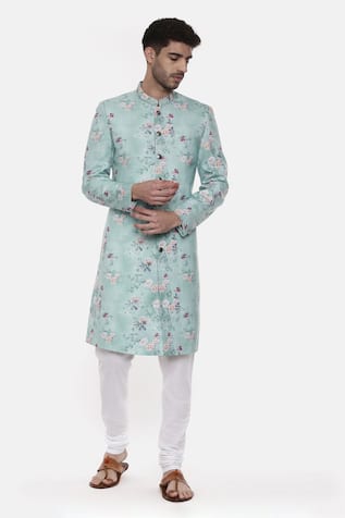 Linen Floral Print Sherwani Set For Kids