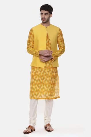 Pintuck Embroidered Yellow Nehru Jacket For Kids