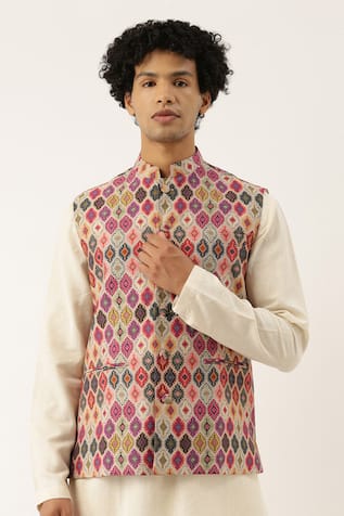 Beige Floral Print Chanderi Bundi For Kids