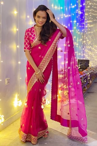 Buy Hot Pink Saree with Marble Foil Print and Sequins Online