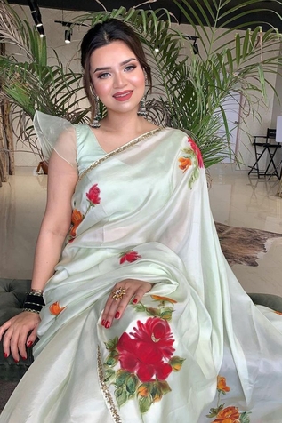 Muksweta Silk Hand Painted Saree