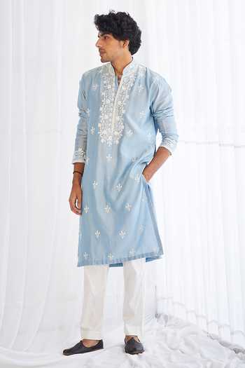 Twenty Nine Silk Chanderi Band Collar Kurta Set 