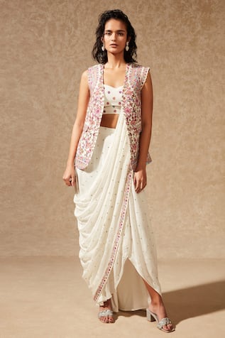 Embroidered Jacket & Pre-Draped Saree Set 