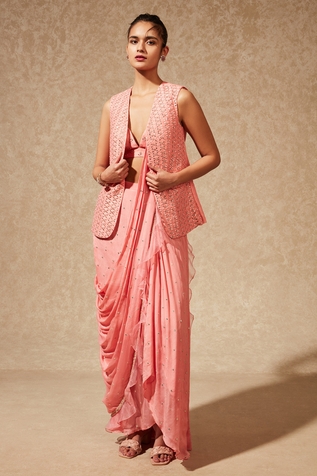 Chamee and Palak Pre-Draped Ruffle Saree With Jacket