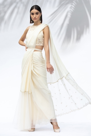 Shop White designer Pre Draped Sarees for Women Online