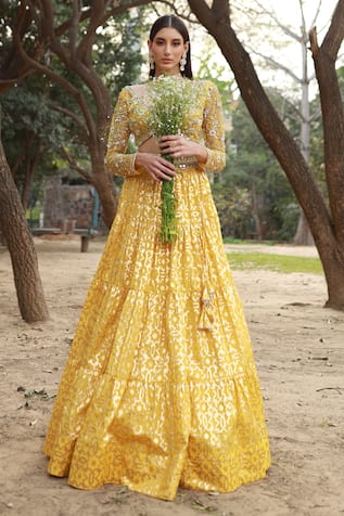 Yellow Embroidered Chanderi Lehenga Set For Kids