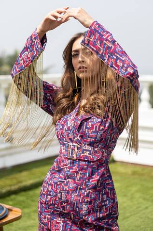 Buy Multi Color Crepe Zigzag Notched Lapel Printed Blazer Dress