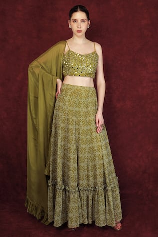 Olive Green Bandhani Print Lehenga Set For Kids
