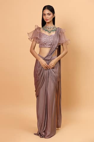 Mauve Pre-Draped Saree & Embroidered Blouse For Kids