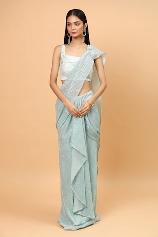 Ice Blue Sequin Embroidered Saree Set For Kids