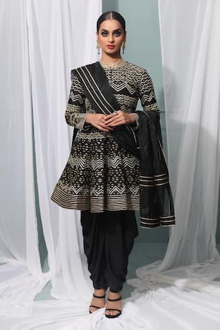 Black Peplum Kurta Set With Dupatta For Kids