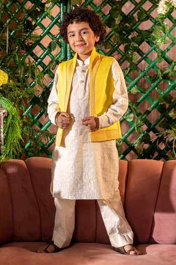 Littleens Canary Yellow Thread Embroidered Bundi 