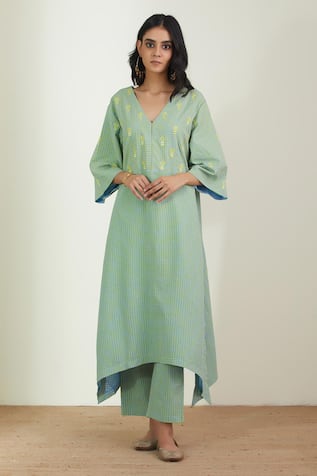 Sage Green Embroidered Kurta Set For Kids