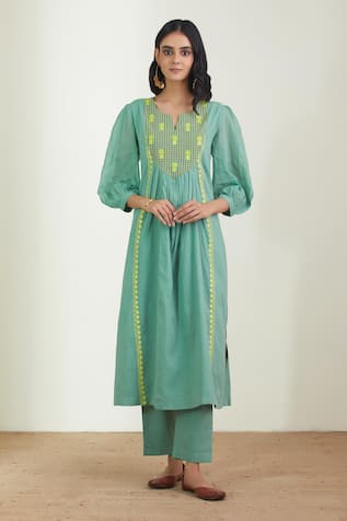 Mint Green Embroidered Kurta Set For Kids