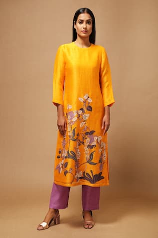 Handloom Linen Silk Applique Kurta & Pant Set