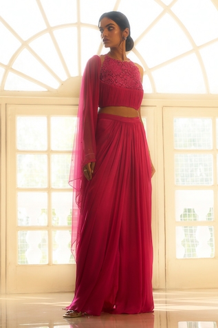Parshya Draped Skirt Embellished Blouse Set