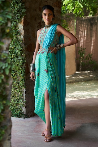 PUNIT BALANA Printed Pre-draped Saree Set