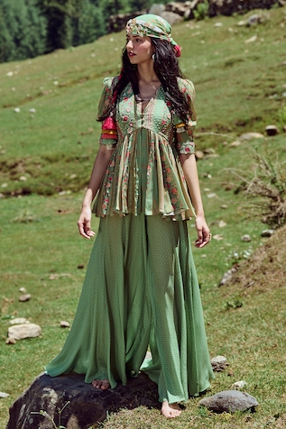 The Royaleum - Green Satin Printed Top And Sarong Skirt Set