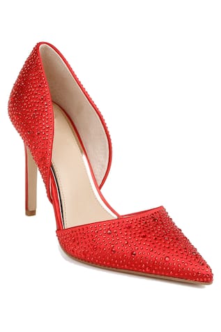 Red Embellished Genuine Leather Pumps 
