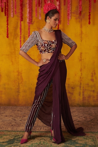 Masumi Mewawalla Embroidered Pre-Draped Pant Saree Set