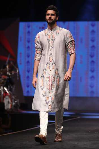 PS Men By Payal Singhal Dupion Silk Ikat Carpet Print Kurta Set 