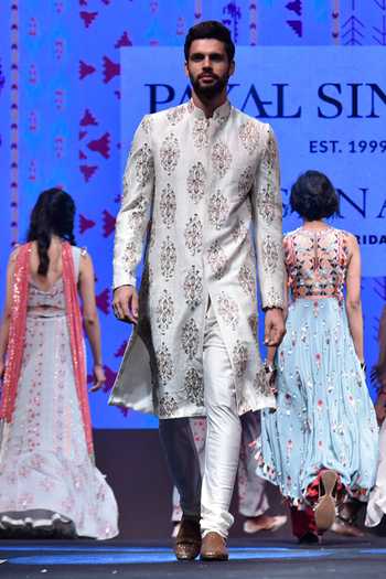 PS Men By Payal Singhal Dupion Silk Ikat Print Sherwani Set 