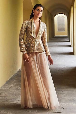 Buy Pankaj & Nidhi Beige Tulle Embellished Jacket And Sharara Set Online |  Aza Fashions