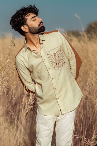 Brown Colour Block Embroidered Shirt For Kids
