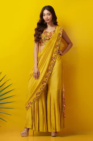 Shop Yellow N Grey Printed Ruffle Saree N Blouse Set Party Wear Online at  Best Price | Cbazaar
