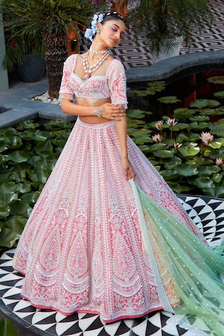 Embroidered Lehenga & Blouse Set by Kaaisha by Shalini at Aza Fashions |  Fashion sketches dresses, Cotton lehenga, Bridal lehenga red