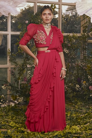 Flared Pant Ruffle Saree Set 