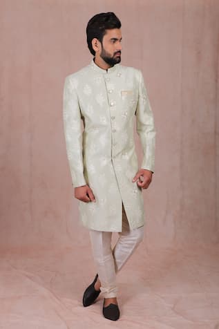 Green Embroidered Sherwani Set For Kids