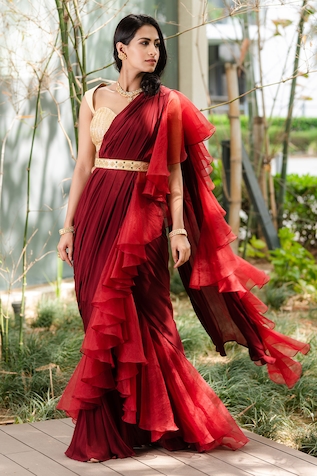 Buy Red Organza Printed Leaf Motifs V Pre-draped Ruffle Saree With Blouse  For Women by Seeaash Online at Aza Fashions.