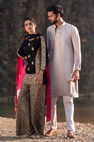 Embroidered Jacket Kurta Set For Kids