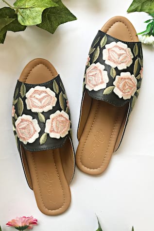 Floral Embroidered Open Toe Mules 