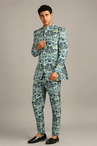 Silk Floral Print Bandhgala Set 