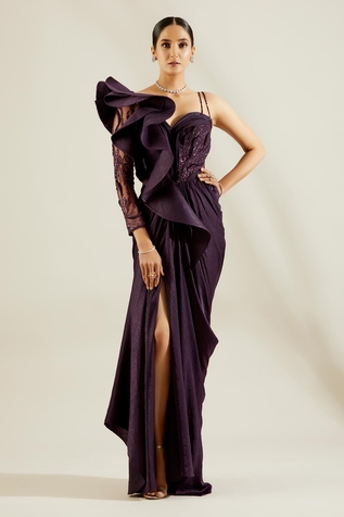 Adaara Couture Embellished One Shoulder Saree Gown