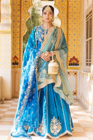 Royal Blue Designer Embroidered Kurta with Skirt Lehenga Online