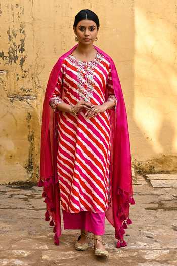 Kameez Chanderi Leheriya Pattern Kurta Pant Set 