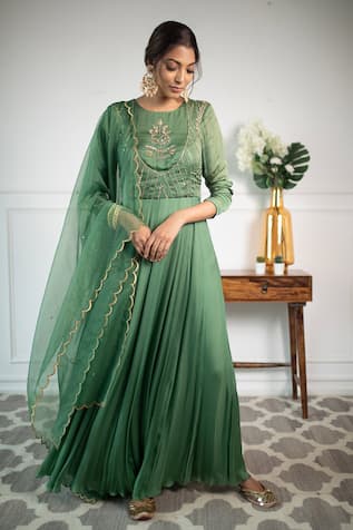Cutdana Embroidered Green Anarkali Set For Kids