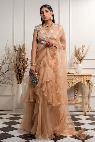 Beige Pre-Draped Organza Saree Set For Kids