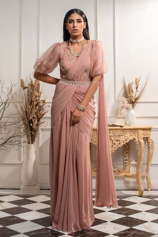 Dark Lavender 3-D Flower Cape Saree Gown | Designer saree blouse patterns, Saree  blouse designs latest, Designer dresses indian