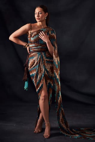 Grid Print Sequin Work Draped Saree  