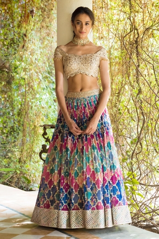 Basanti - Kapde Aur Koffee Printed Off Shoulder Lehenga Set