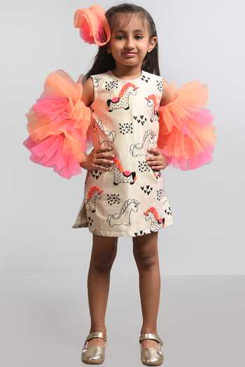 Lil Angels Multicolor Embellished Dress With Frill Sleeves 