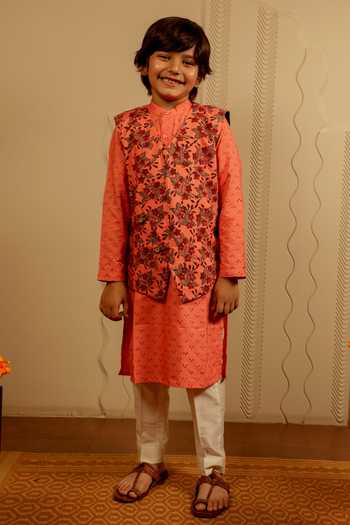 Tiny Colour Block Print Bundi Kurta Set 